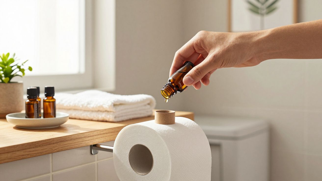 Pessoa a aplicar óleo essencial num doseador de papel higiénico num banheiro moderno e luminoso.