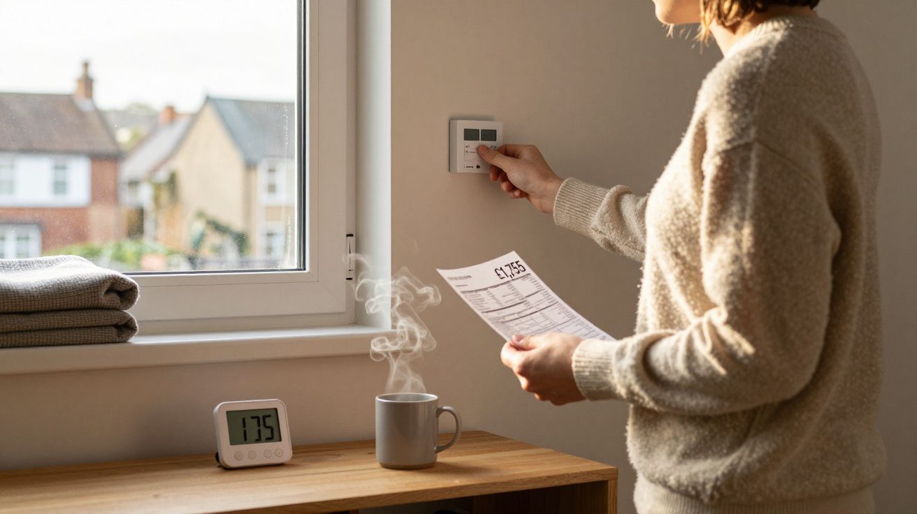 Pessoa em casa a ajustar termostato segurando fatura de energia enquanto na mesa há chá quente e termómetro digital.