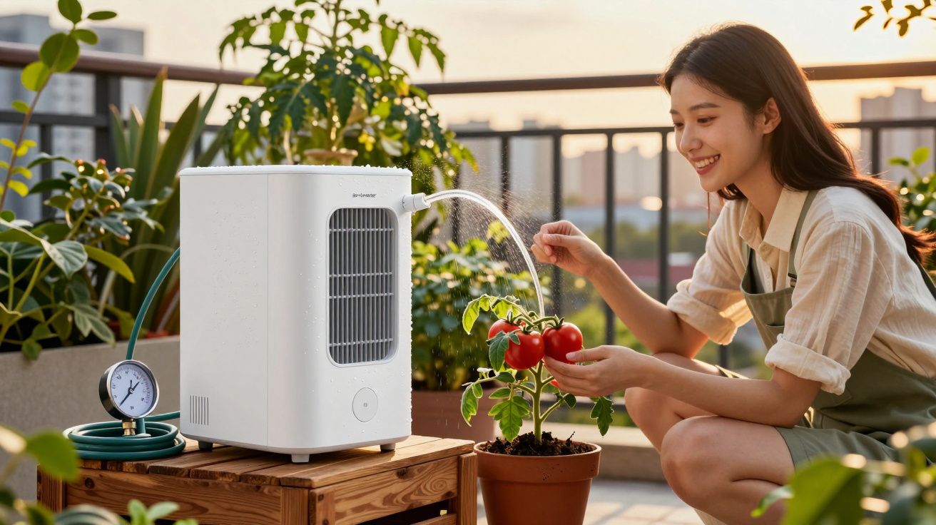 Mulher a regar uma planta de tomate num vaso, usando sistema automático de irrigação num terraço.