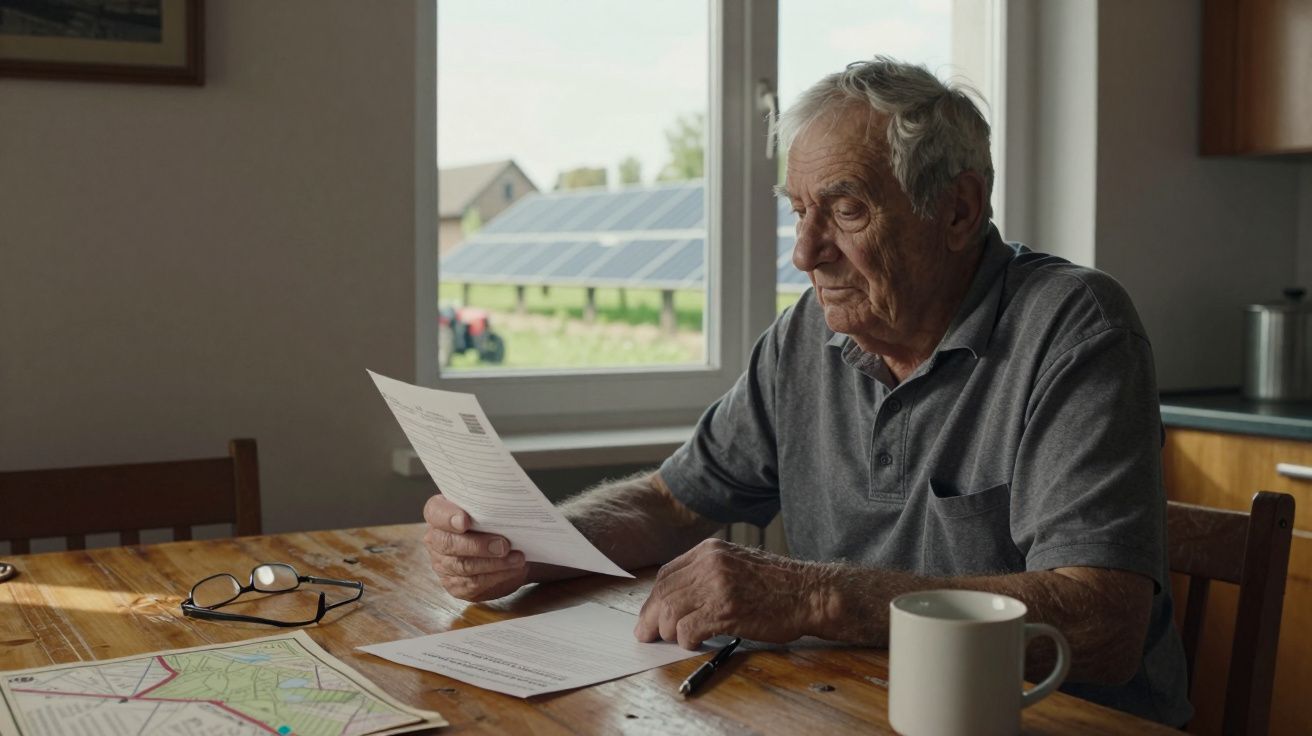 Idoso sentado à mesa a ler documentos, com painéis solares visíveis pela janela ao fundo.
