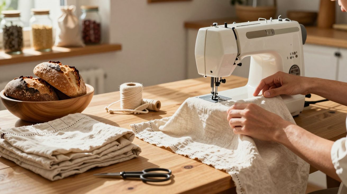 Mãos a utilizar máquina de costura para criar ou reparar tecido bege sobre mesa de madeira com pão, tesoura e corda.