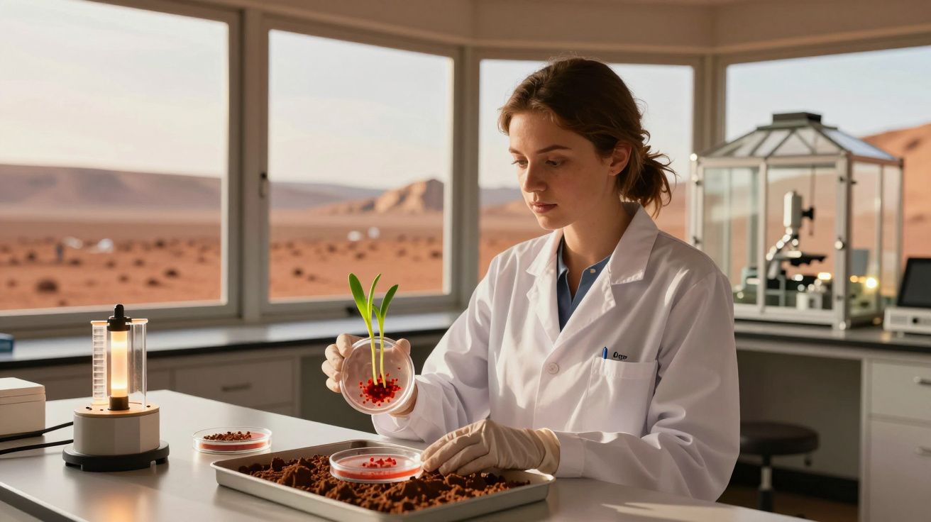 Cientista numa estação lunar a analisar uma planta germinada em placa de Petri com vista para paisagem marciana.