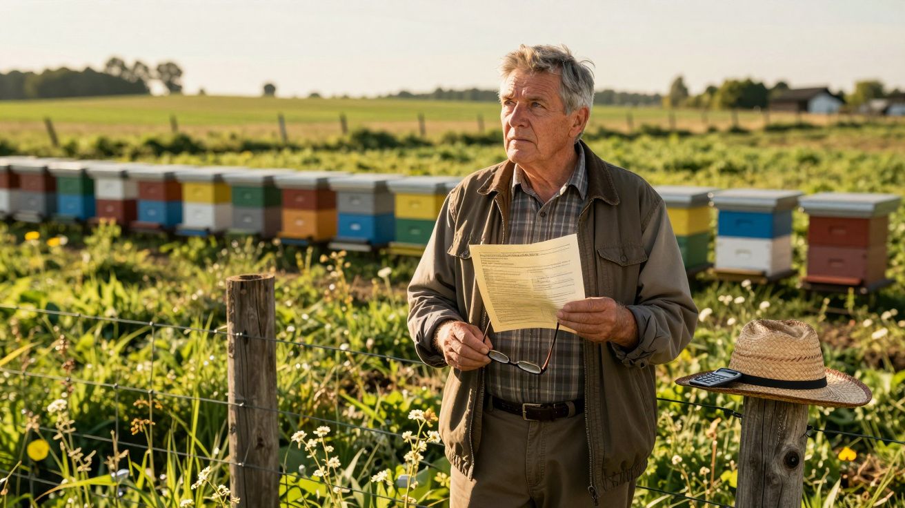 Homem idoso com papel e óculos junto a colmeias coloridas numa paisagem rural ao pôr do sol.