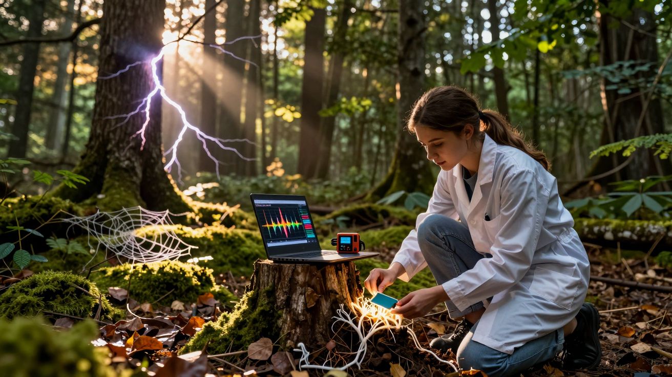 Jovem cientista com bata branca estuda relâmpago numa floresta, com laptop e equipamento elétrico num tronco.