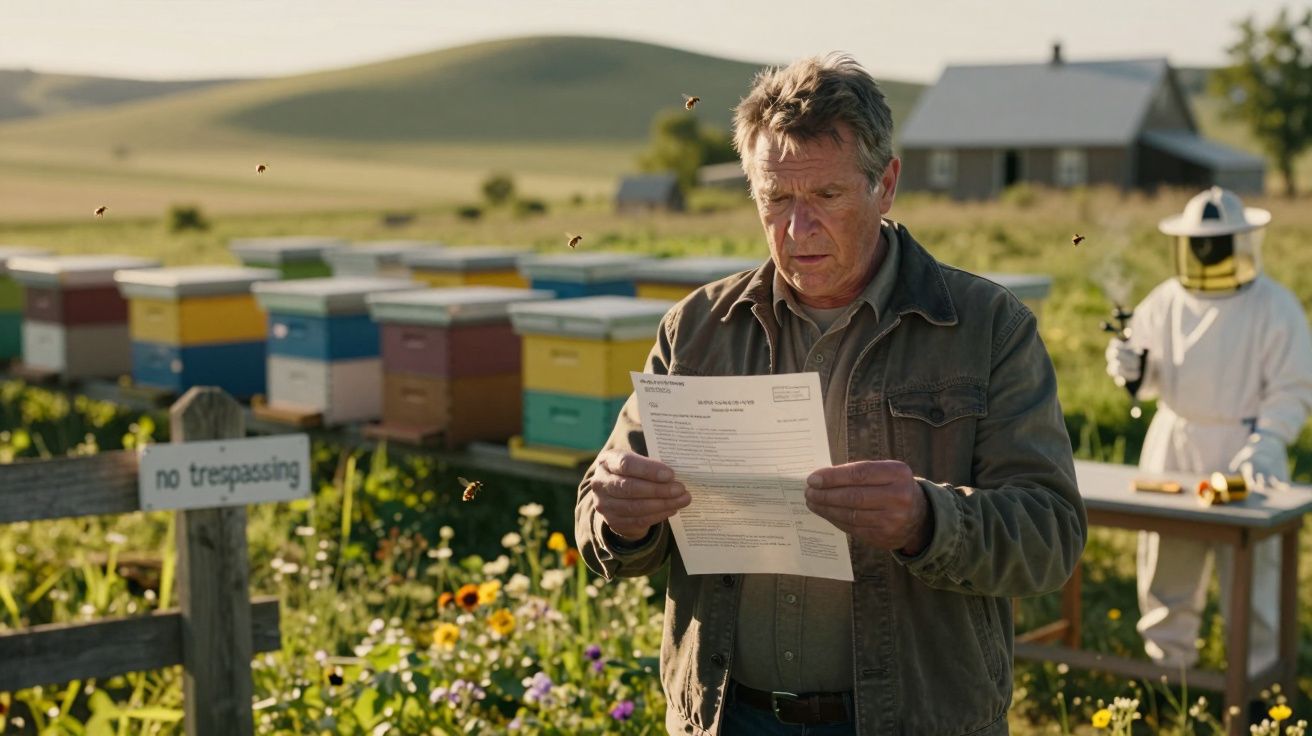 Homem a ler carta numa colmeia com várias caixas de abelhas, abelhas a voar e pessoa com fato apícola ao fundo.