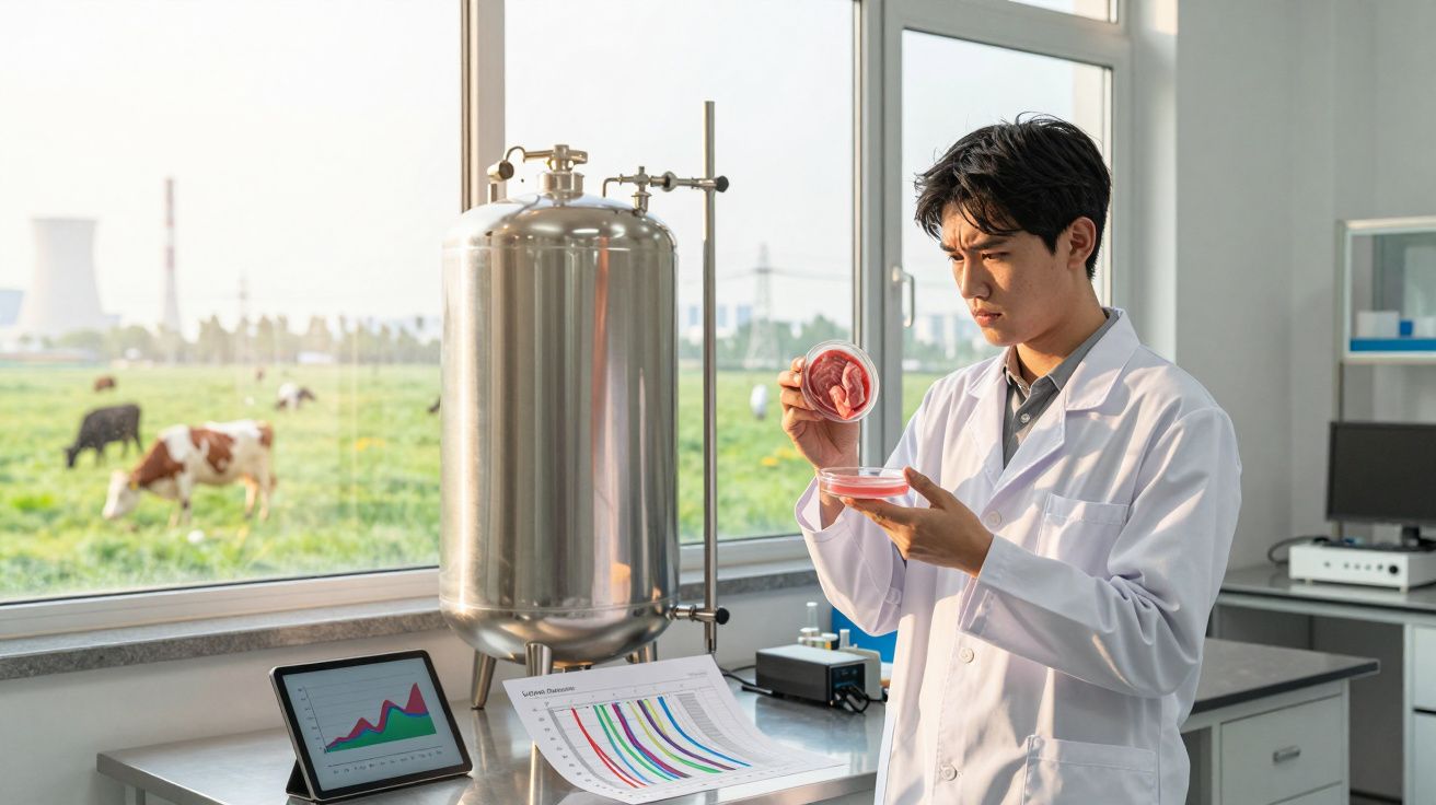 Cientista em laboratório com bata branca analisa amostras de carne, com vacas num campo visível pela janela.