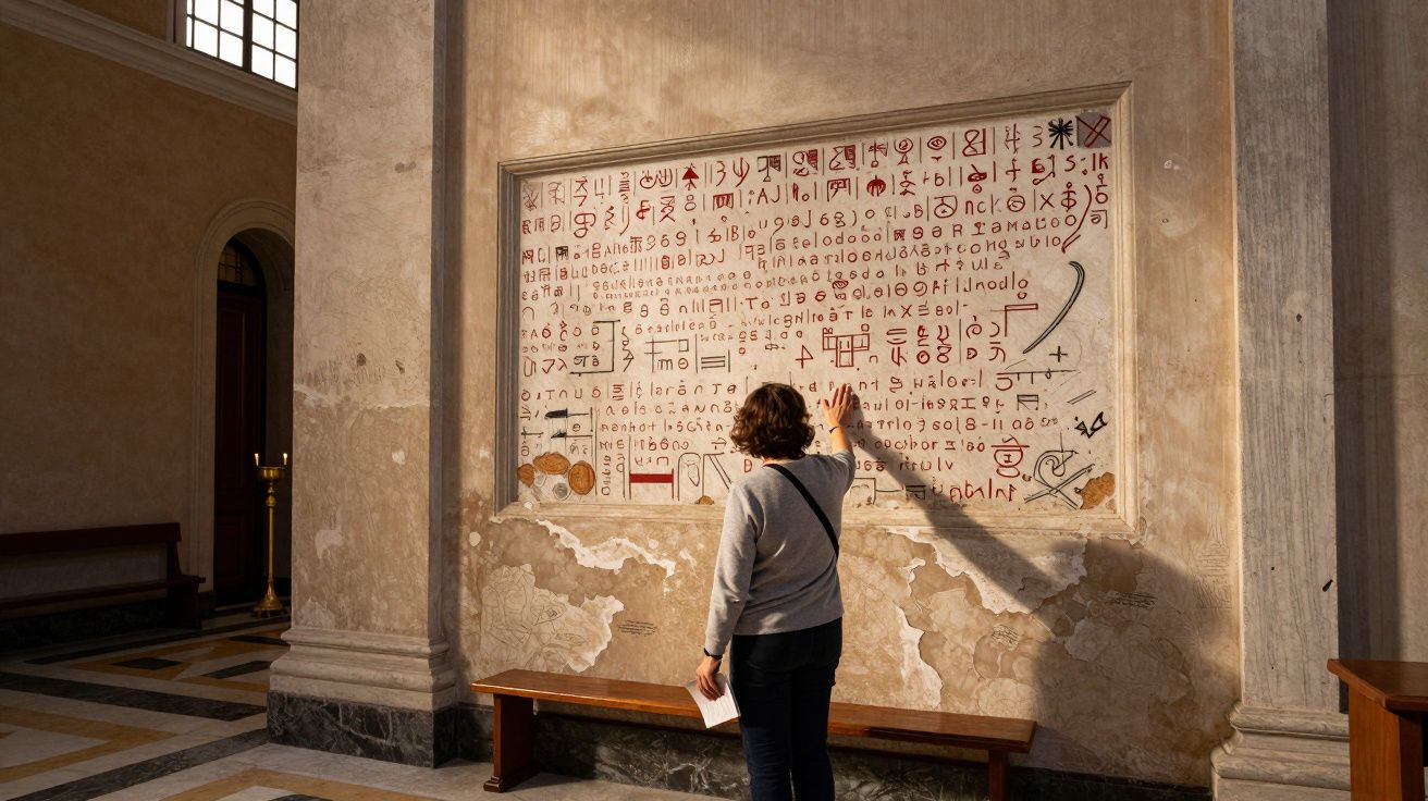 Pessoa observa um mural antigo com inscrições em caracteres misteriosos numa sala histórica com paredes desgastadas.