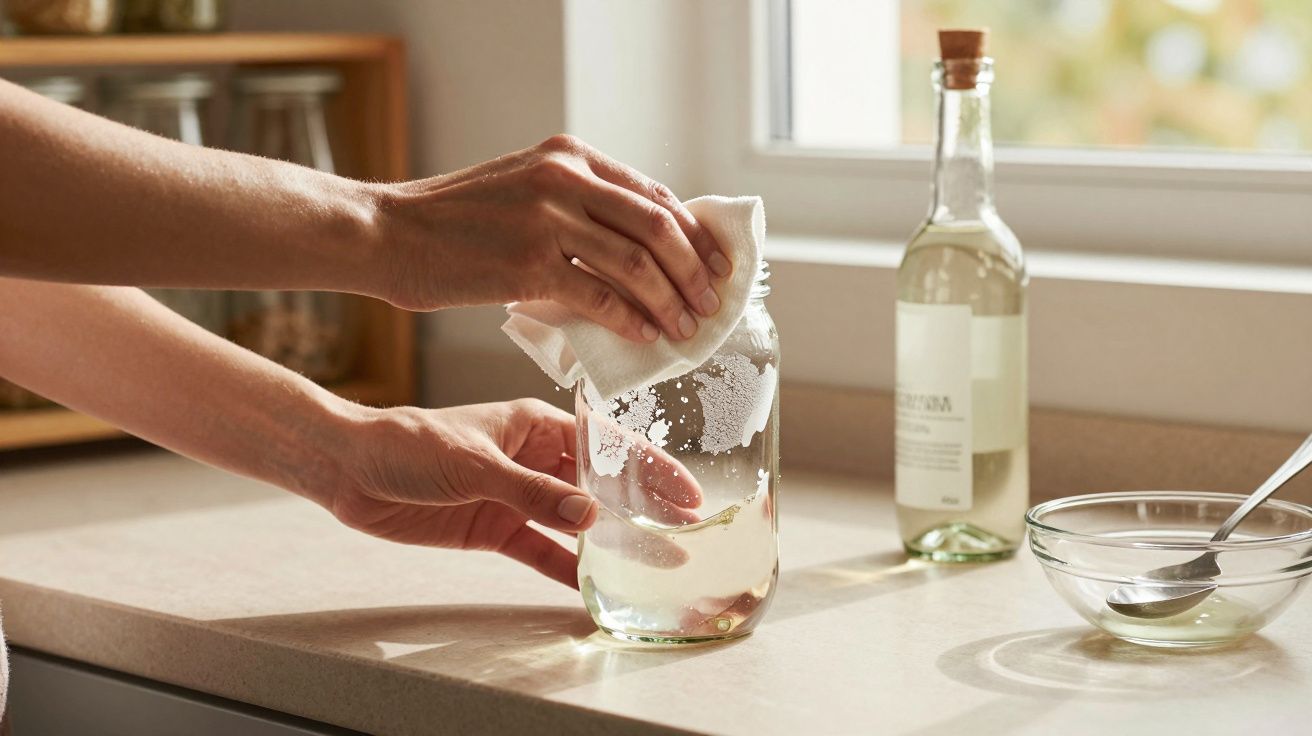 Mãos a limpar um frasco de vidro transparente numa bancada de cozinha iluminada pela luz natural.