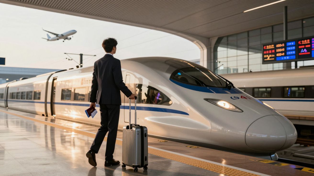 Homem de fato com mala e passaporte na estação, comboio moderno à sua frente e avião a aterragem no céu.