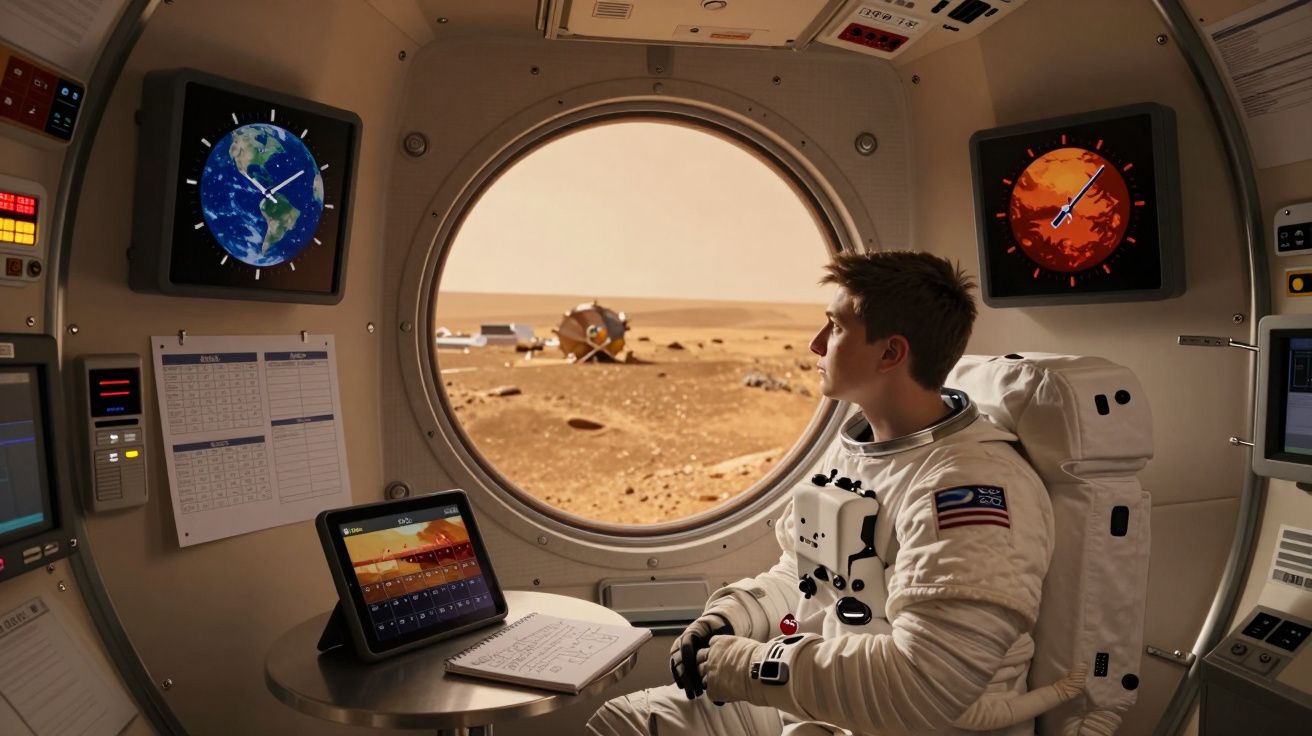 Astronauta dentro de cápsula espacial observa a superfície de Marte através de uma janela redonda.