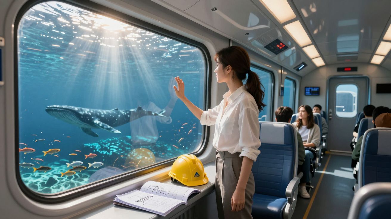 Mulher observa baleia e peixes através da janela de um comboio submarino enquanto outros passageiros estão sentados.