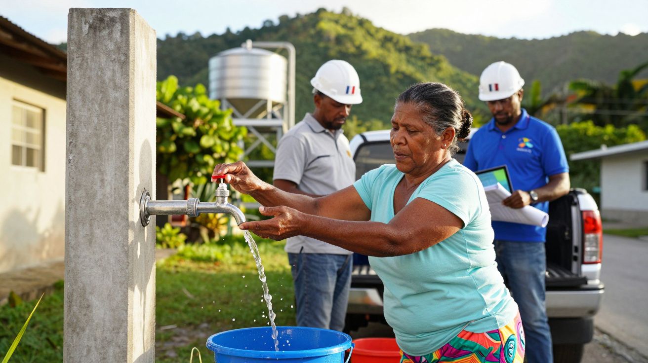 Mulher a encher balde de água num fontanário público, com dois homens de capacete ao fundo.