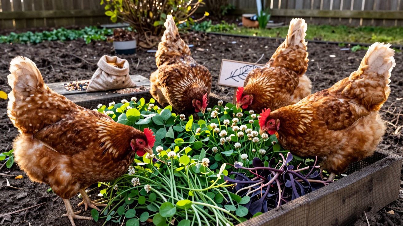 Quatro galinhas castanhas a ciscar vegetação numa pequena horta elevada num quintal.