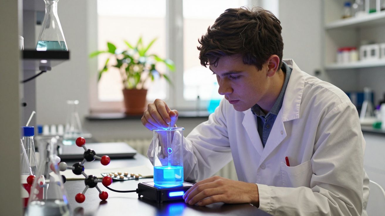 Jovem cientista em bata branca a manipular líquido azul fluorescente num laboratório.