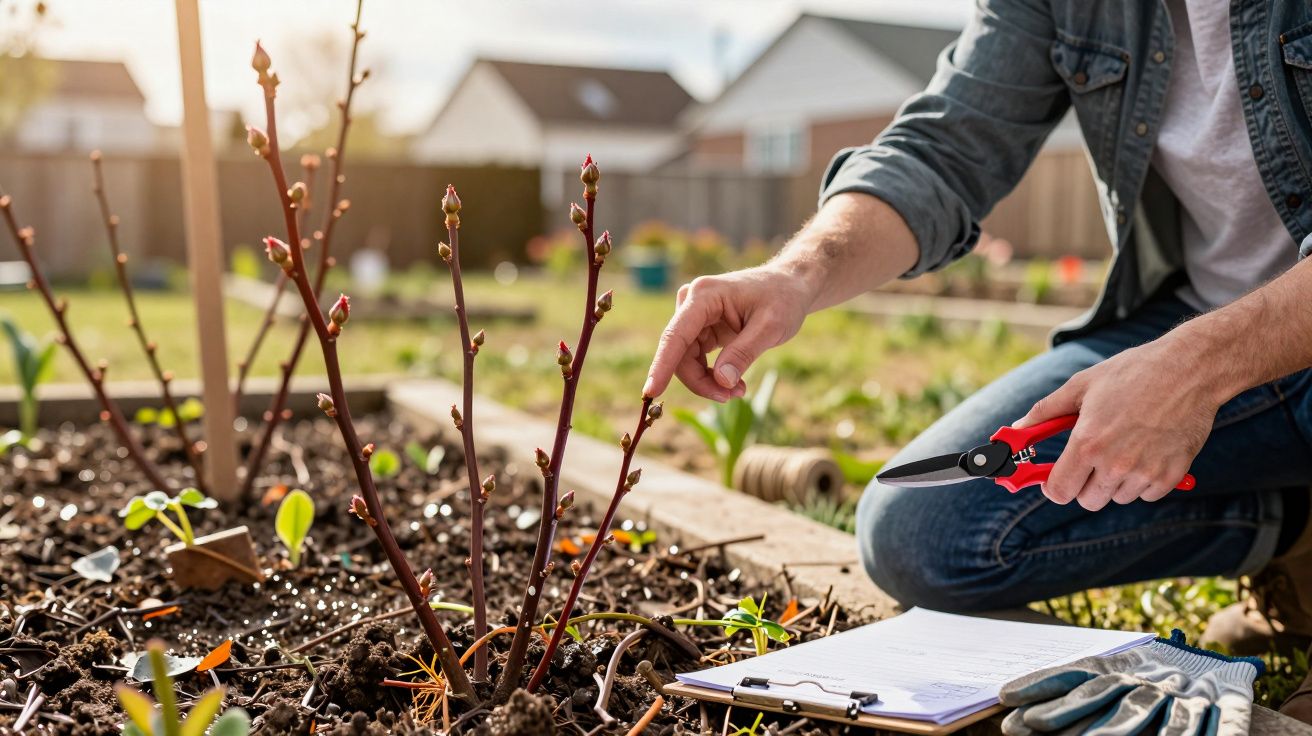 Pessoa a cuidar de planta jovem num jardim com tesoura de poda e registo de anotações.