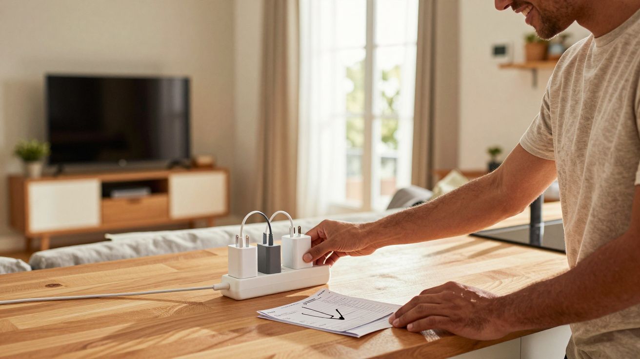 Pessoa a organizar carregadores numa régua elétrica sobre uma mesa de cozinha em ambiente luminoso.