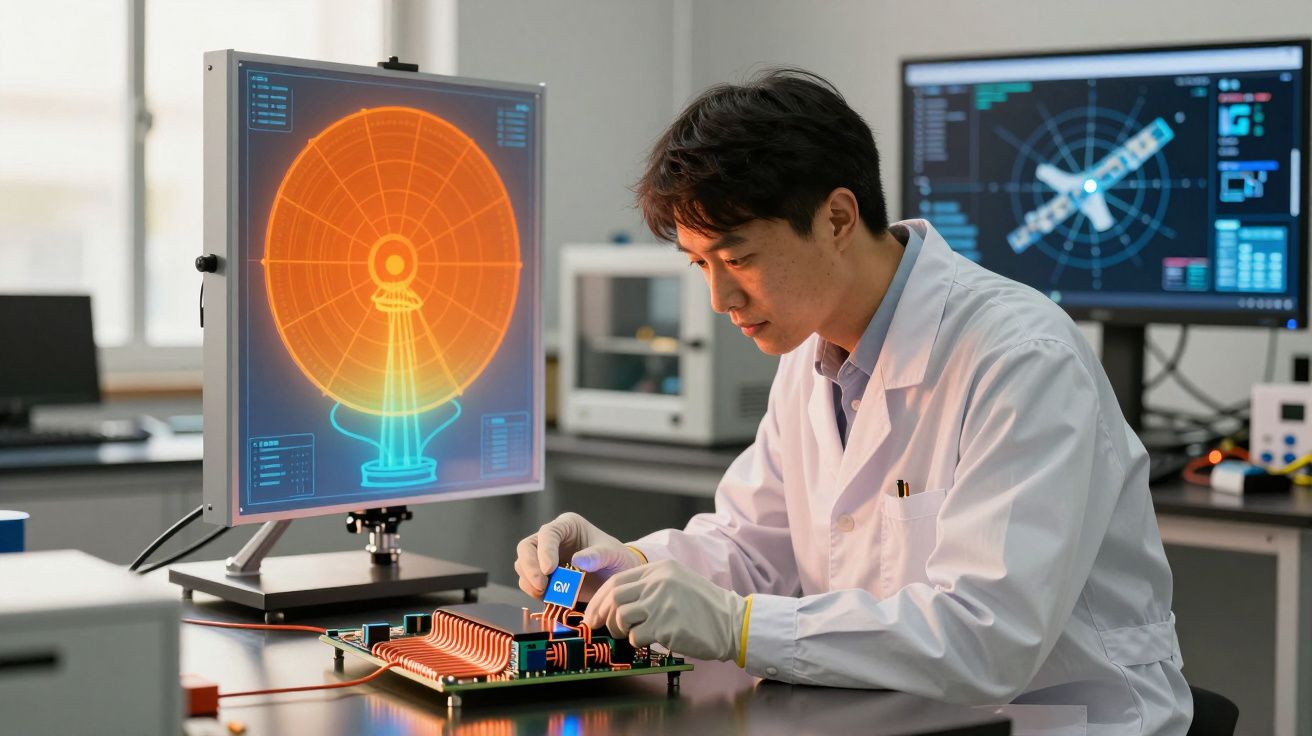 Homem em bata de laboratório a trabalhar em componente eletrónico com imagem de radar num ecrã à frente.