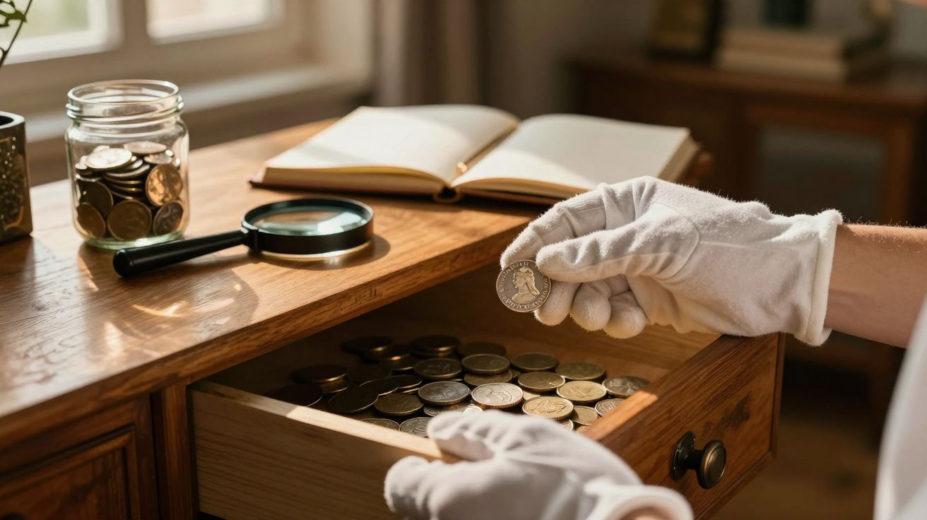 Mãos com luvas brancas a manusear moedas antigas de uma gaveta de madeira, com lupa e jarro de moedas em cima.