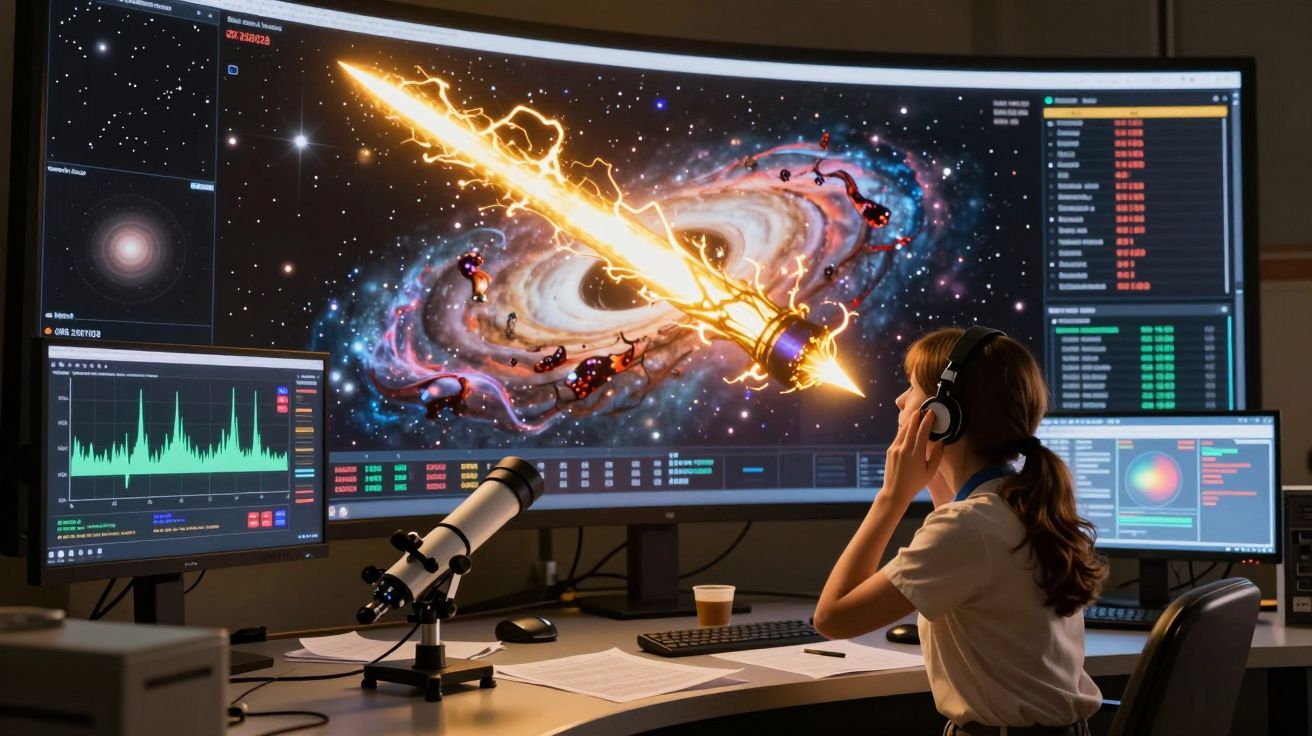 Mulher com auscultadores observa simulador de fenómeno cósmico numa mesa com computador e telescópio.