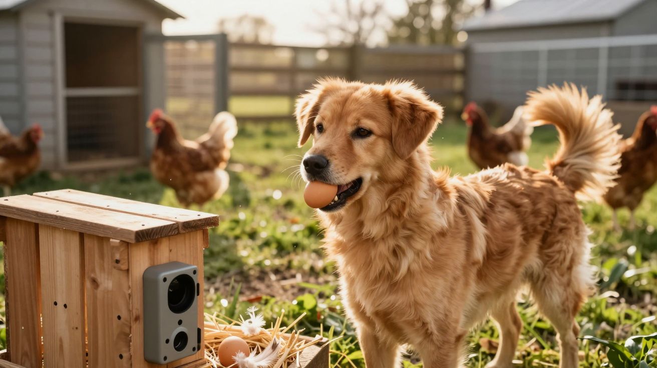 Cão dourado a segurar um ovo na boca num galinheiro com galinhas ao fundo.