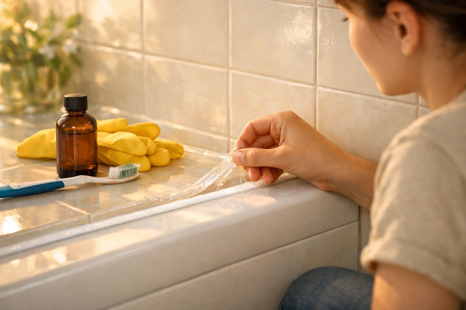 Pessoa a remover fita adesiva de uma superfície junto a luvas, escova de dentes e frasco de líquido castanho.