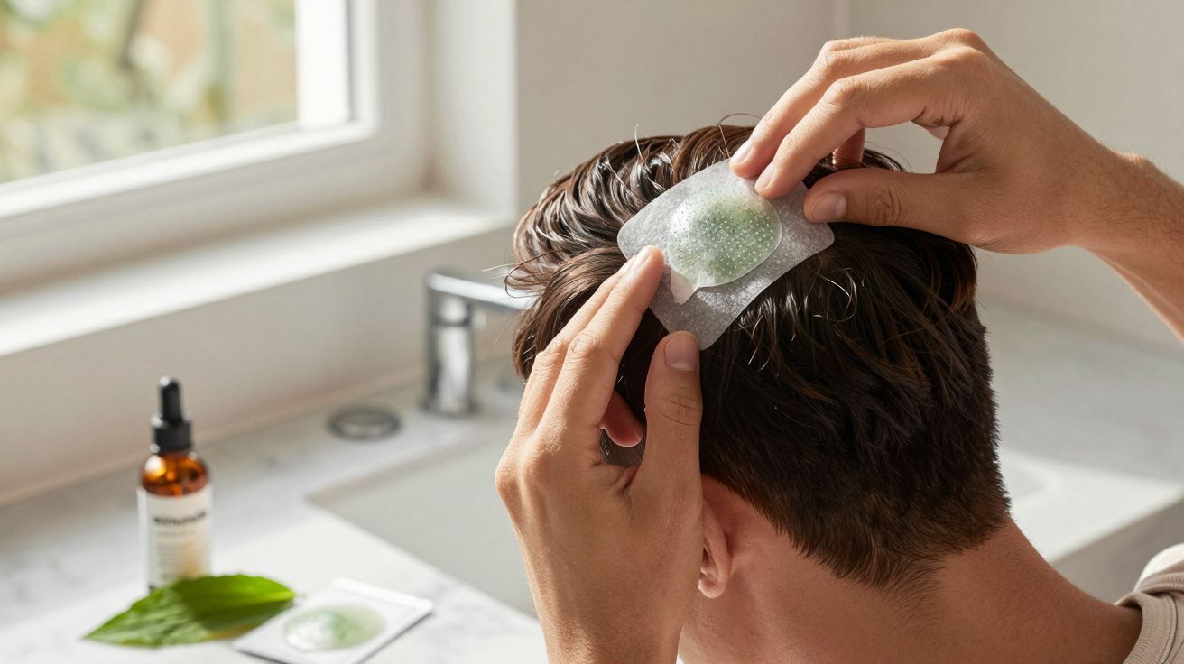 Pessoa a aplicar emplastro capilar transparente na parte de trás da cabeça numa casa com janela.