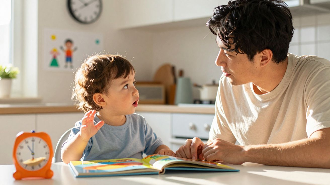 Pai e filho juntos sentados na mesa a ler um livro colorido numa cozinha iluminada.