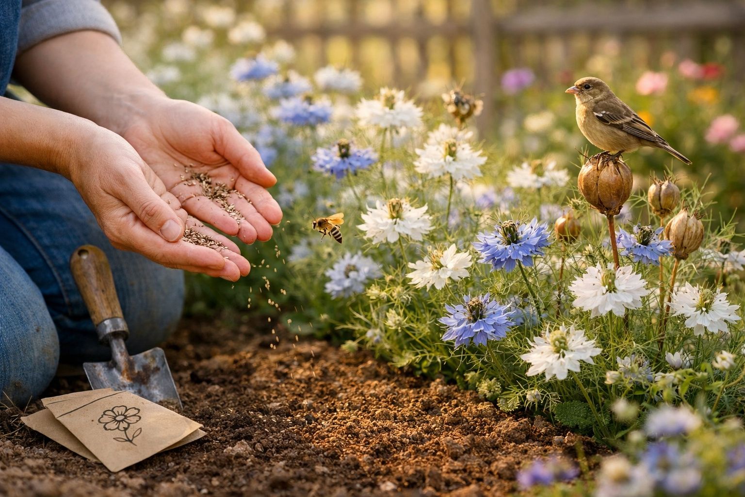 Mãos a semear sementes no solo ao lado de flores coloridas, com uma abelha a voar e um pássaro pousado.