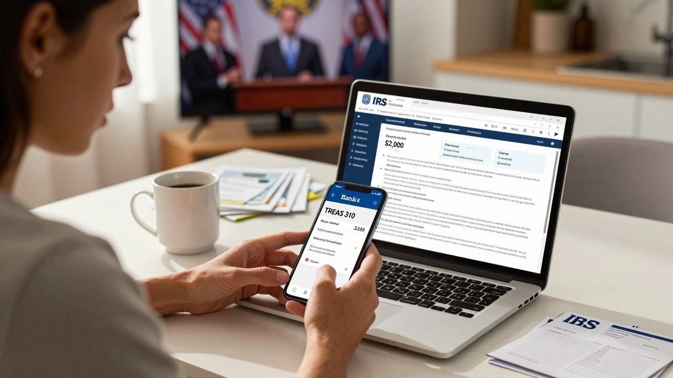 Pessoa a consultar informações financeiras num smartphone e num computador portátil numa mesa.
