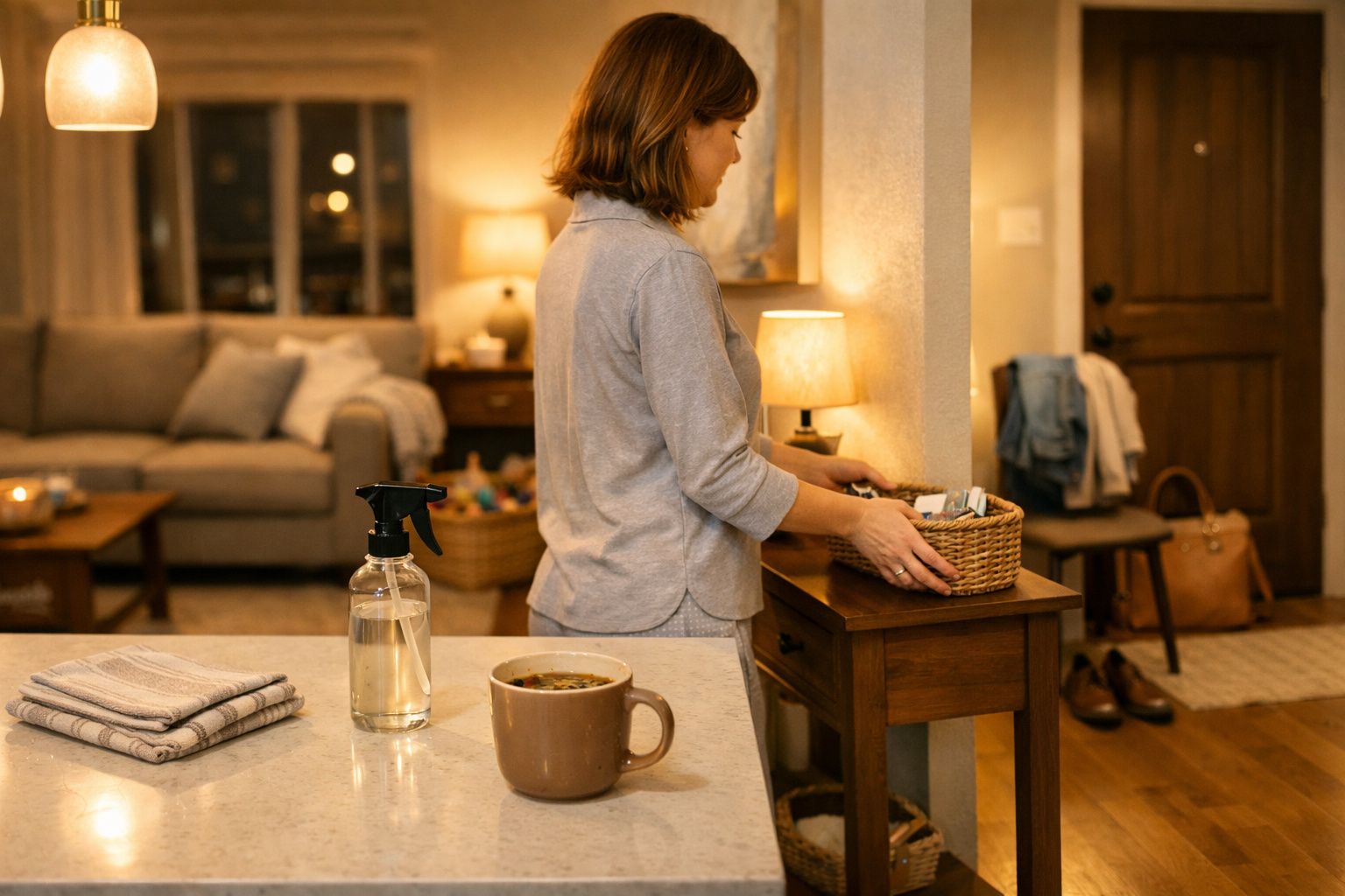 Mulher organiza objetos numa cesta num ambiente interior acolhedor com iluminação suave.