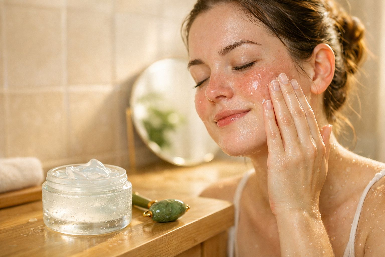 Mulher aplica creme hidratante no rosto num ambiente de casa de banho com luz natural suave.