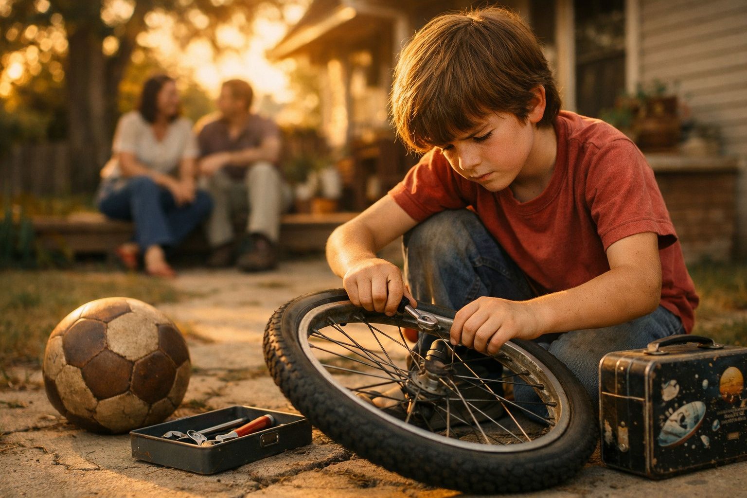 Criança conserta roda de bicicleta com ferramentas no chão, enquanto dois adultos conversam ao fundo ao pôr do sol.