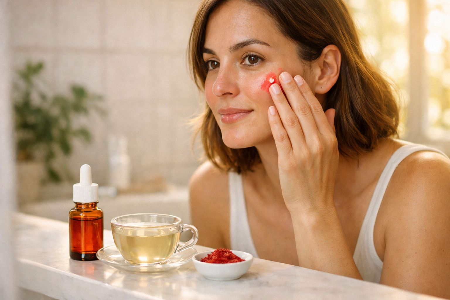Mulher aplica creme vermelho no rosto ao lado de chá e frasco de óleo em ambiente iluminado.