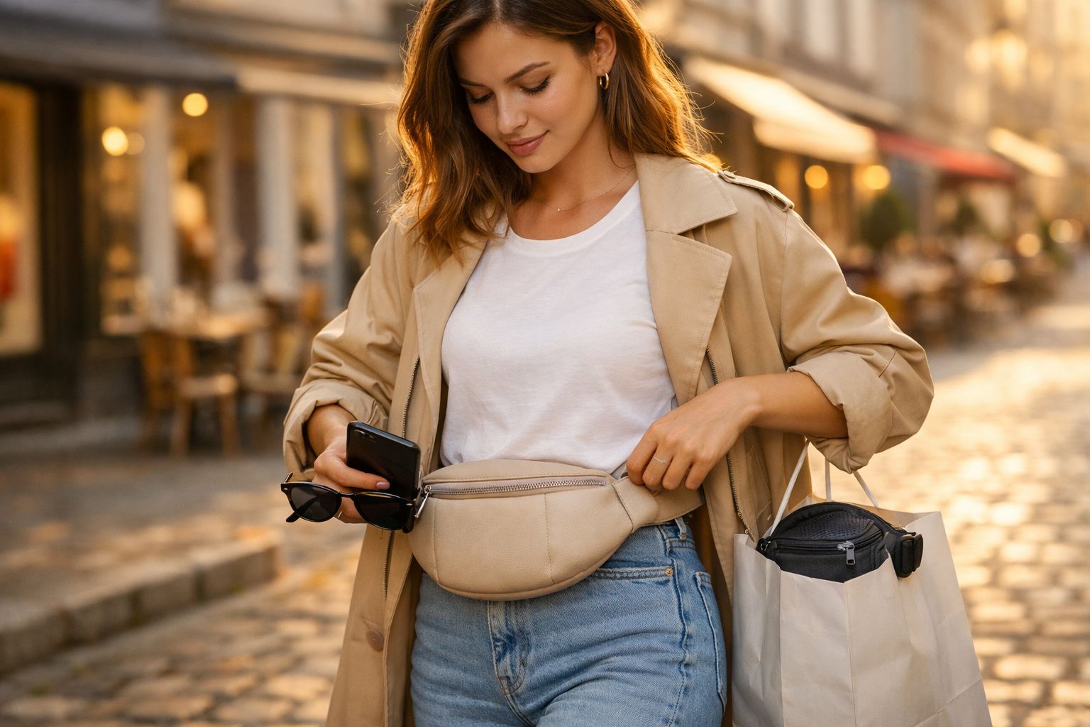 Mulher jovem de cabelo castanho clara com casaco bege, t-shirt branca e jeans, guarda objectos numa pochete na rua.