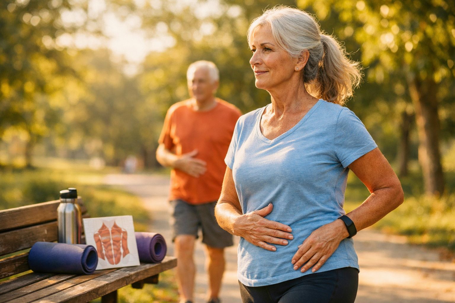 Mulher sénior com prancha de ioga ao ar livre, a fazer exercícios de respiração num parque ensolarado.