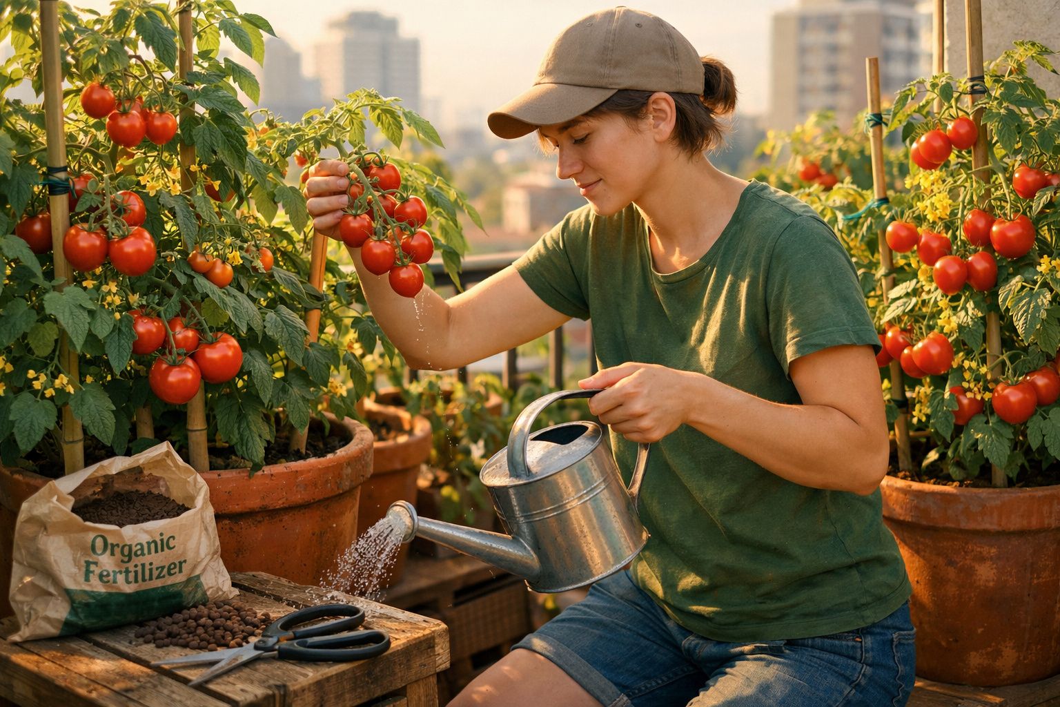 Mulher a regar plantas de tomateiros maduros num terraço urbano com fertilizante orgânico ao lado.