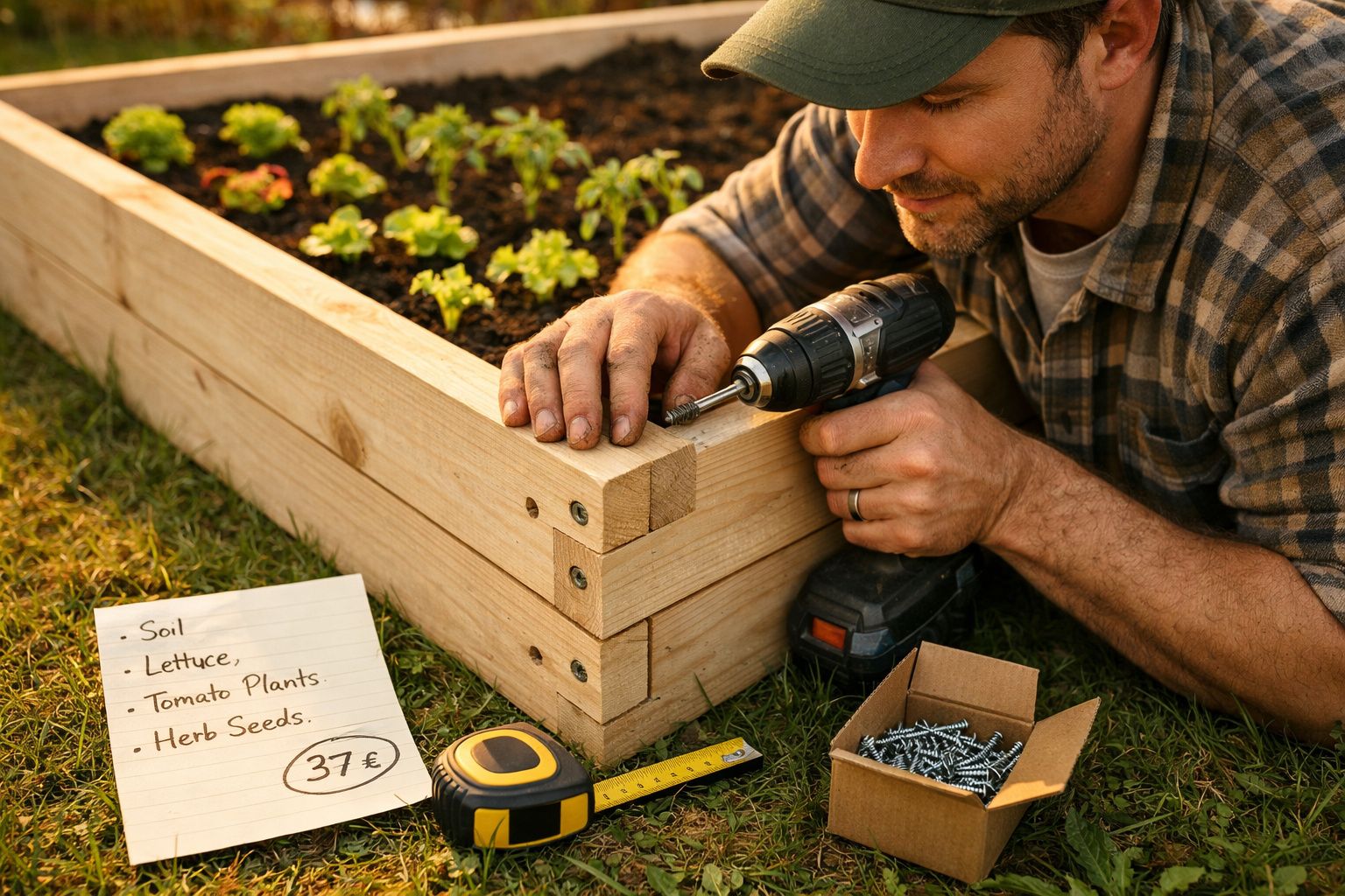 Homem a montar uma estrutura de madeira para canteiro de plantas no jardim usando uma furadeira.