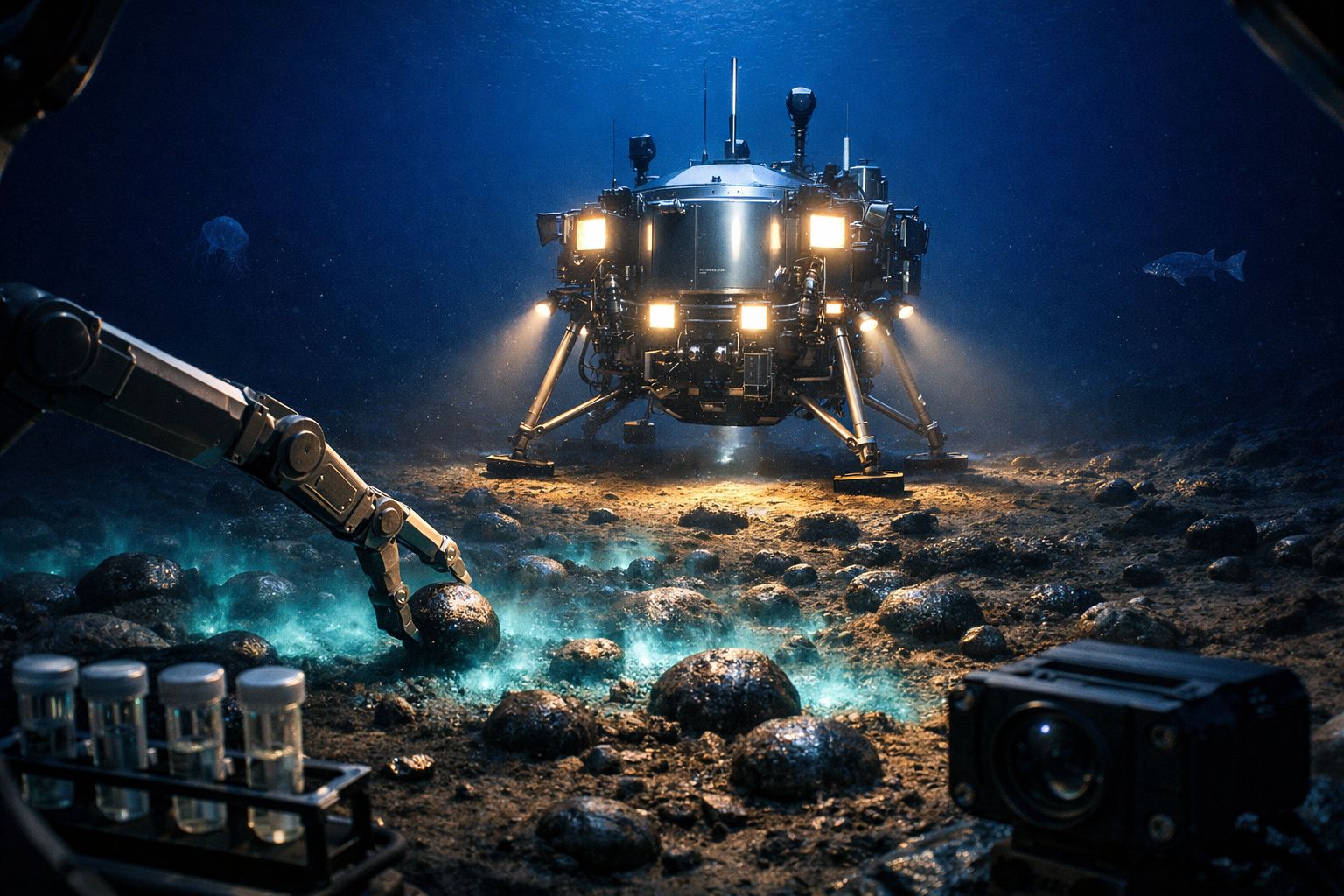 Veículo robótico subaquático com luzes, braçal mecânico a recolher amostras do fundo do mar rochoso.
