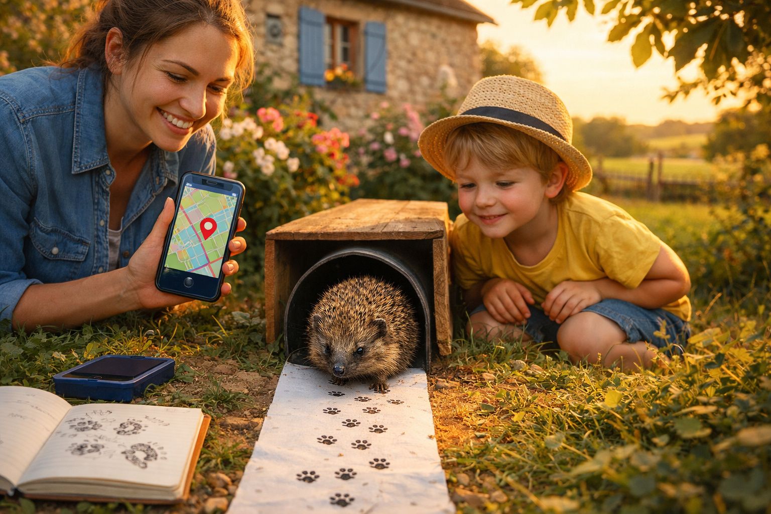 Mulher e menino observam ouriço a sair de tubo com pegadas, mulher mostra localização no telemóvel.