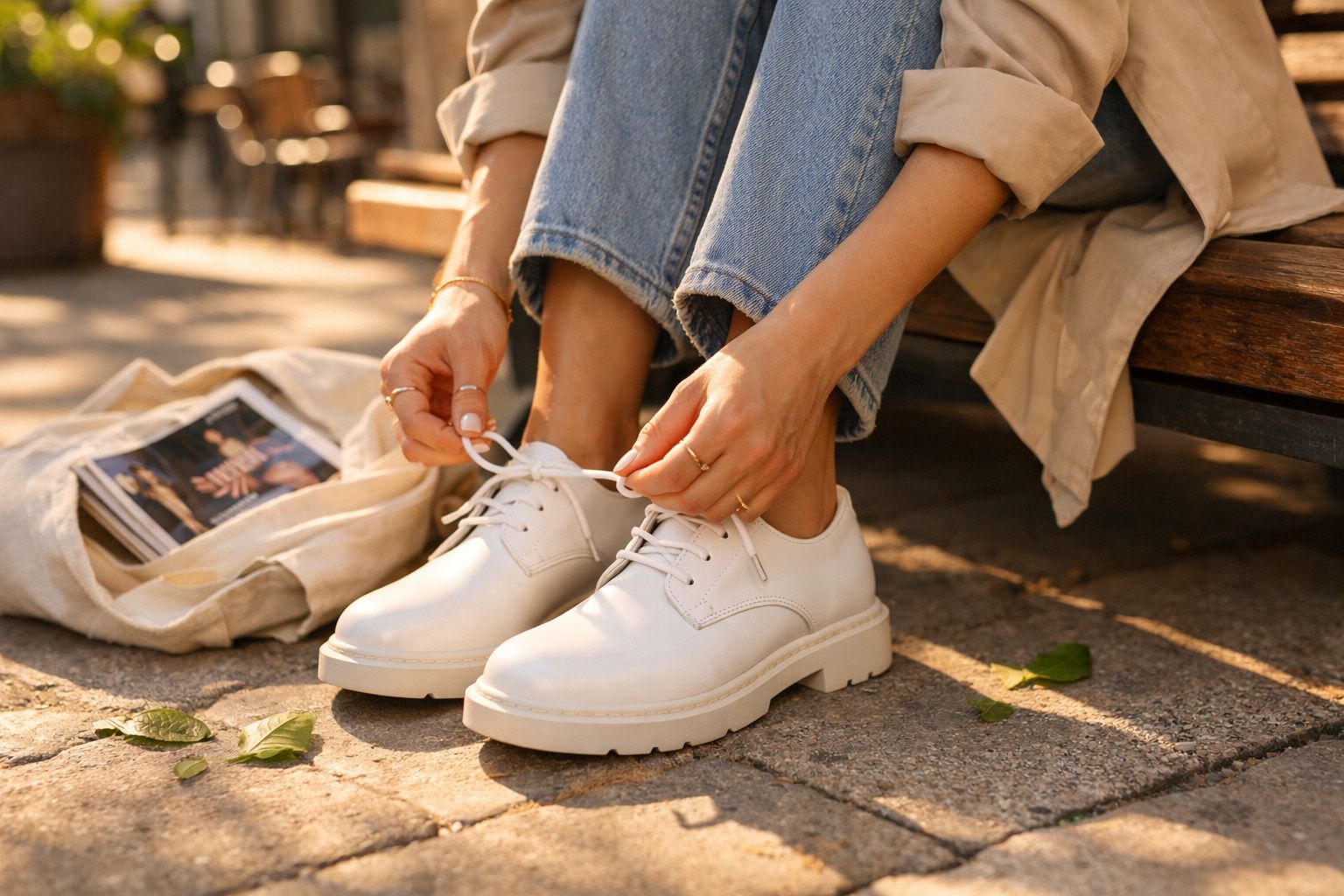 Pessoa sentada num banco a calçar sapatos brancos, com calças de ganga e sacola com revista ao lado.