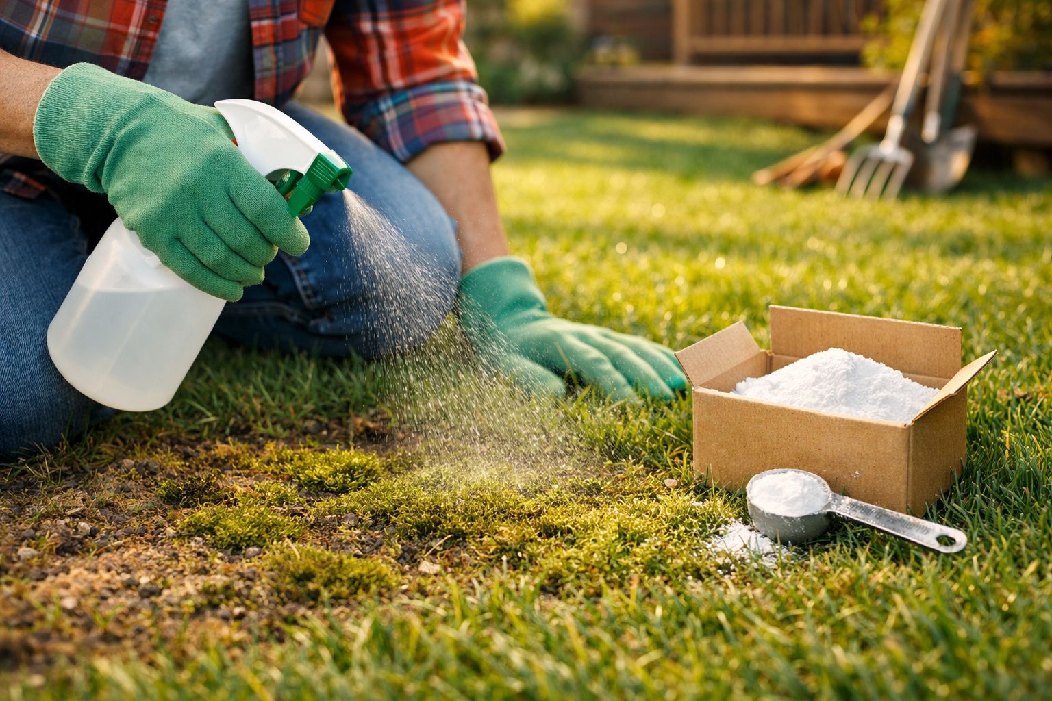 Pessoa a pulverizar ervas daninhas num relvado com pulverizador branco, perto de caixa de pó branco e colher.