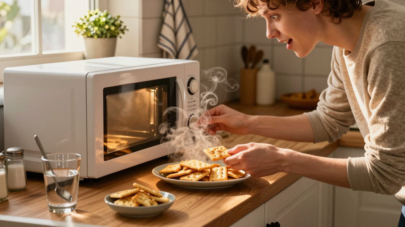 Mulher retira bolachas quentes a fumegar do micro-ondas numa cozinha iluminada pelo sol.
