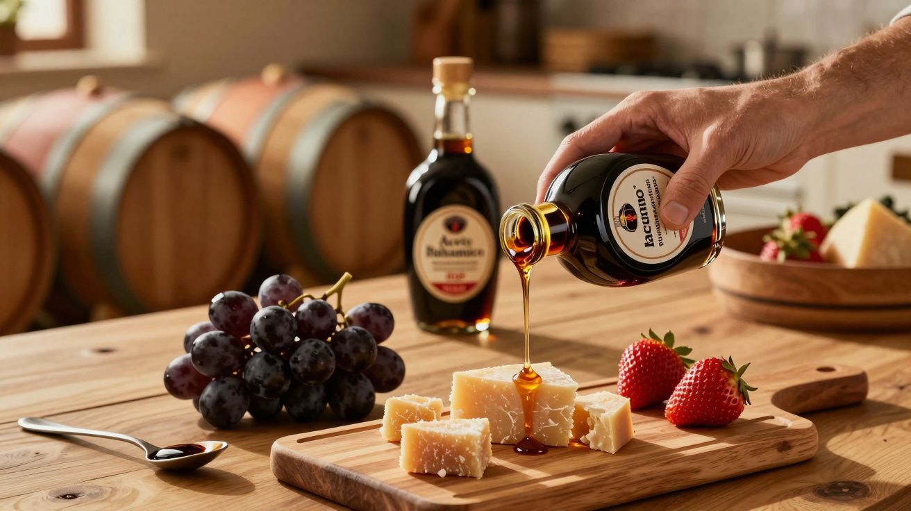 Mãos a servir vinagre balsâmico sobre queijo, acompanhado de uvas e morangos numa tábua de madeira.