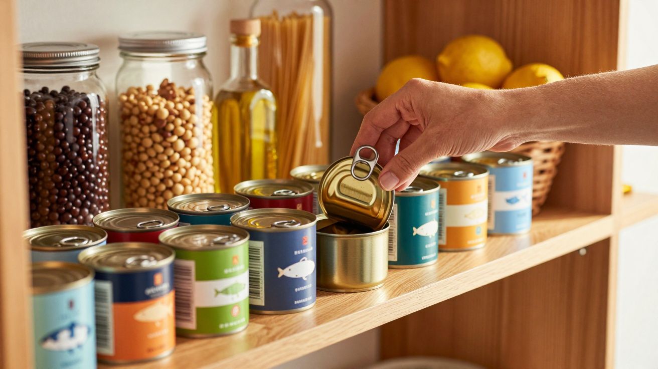 Mão a pegar uma lata de conserva numa despensa organizada com latas, frascos de leguminosas e garrafas de azeite.