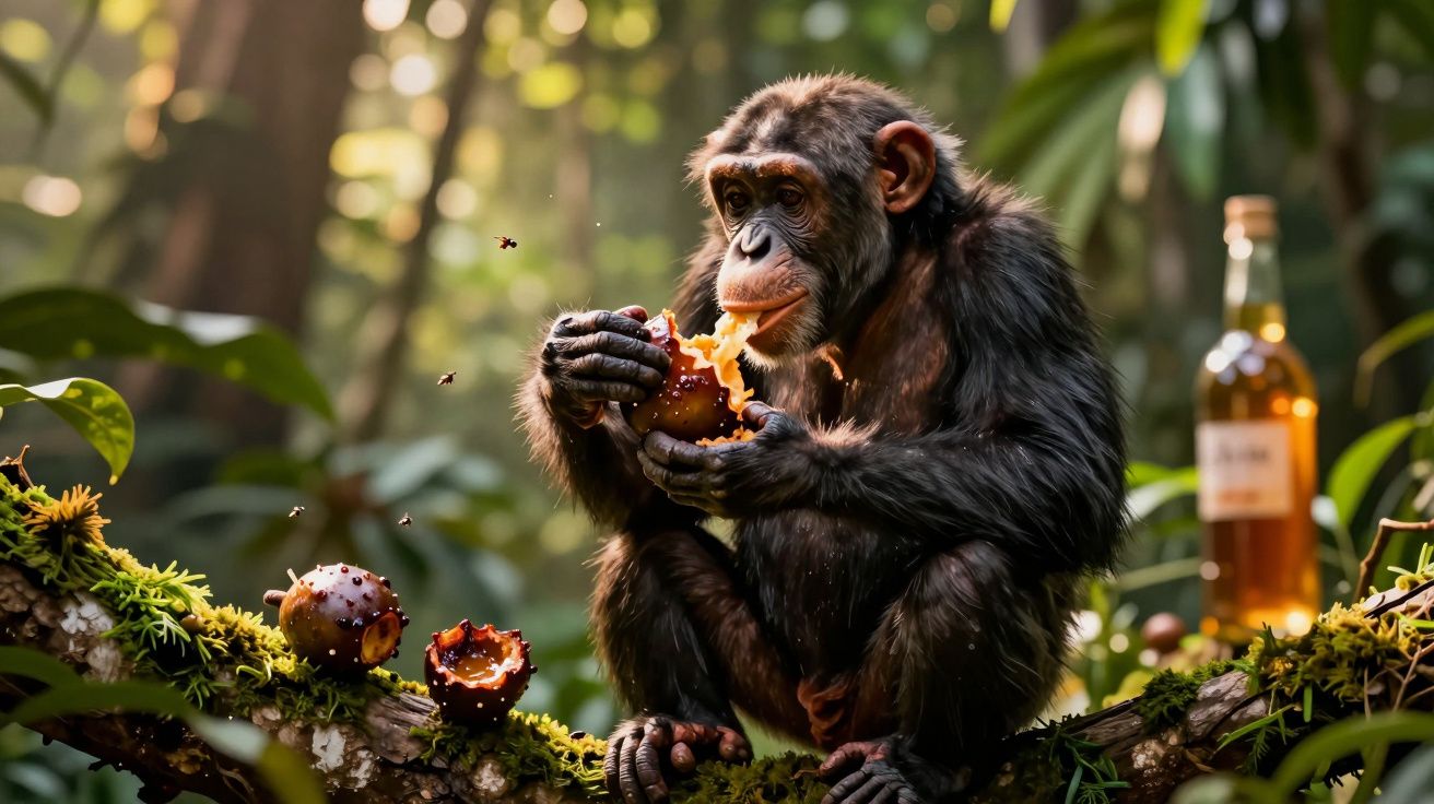 Chimpanzé sentado numa árvore a comer frutos maduros num ambiente florestal.