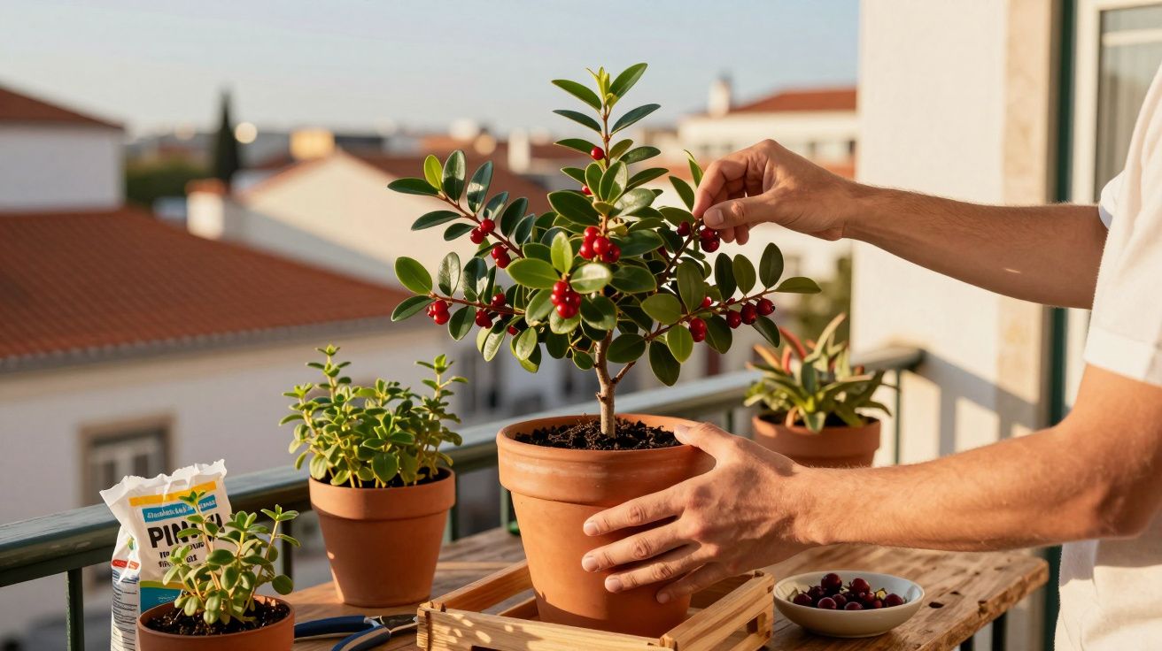 Pessoa a cuidar de planta com frutos vermelhos num vaso de barro numa varanda ensolarada.