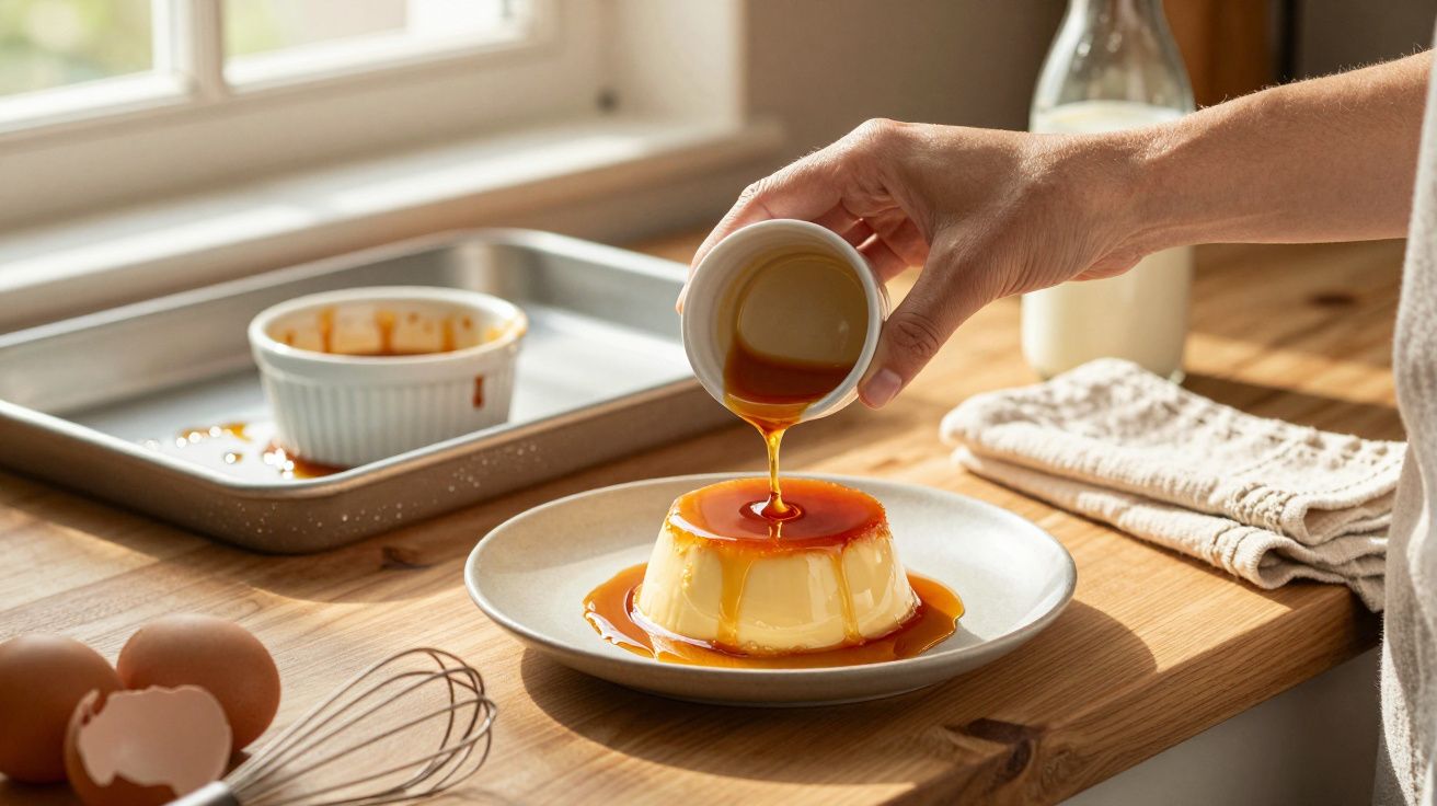 Pessoa a verter caramelo sobre um pudim servido num prato branco numa cozinha iluminada pela luz natural.