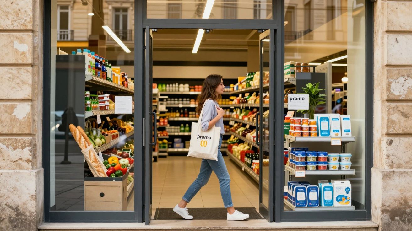 Mulher com saco de compras a entrar em supermercado com produtos frescos e prateleiras visíveis.