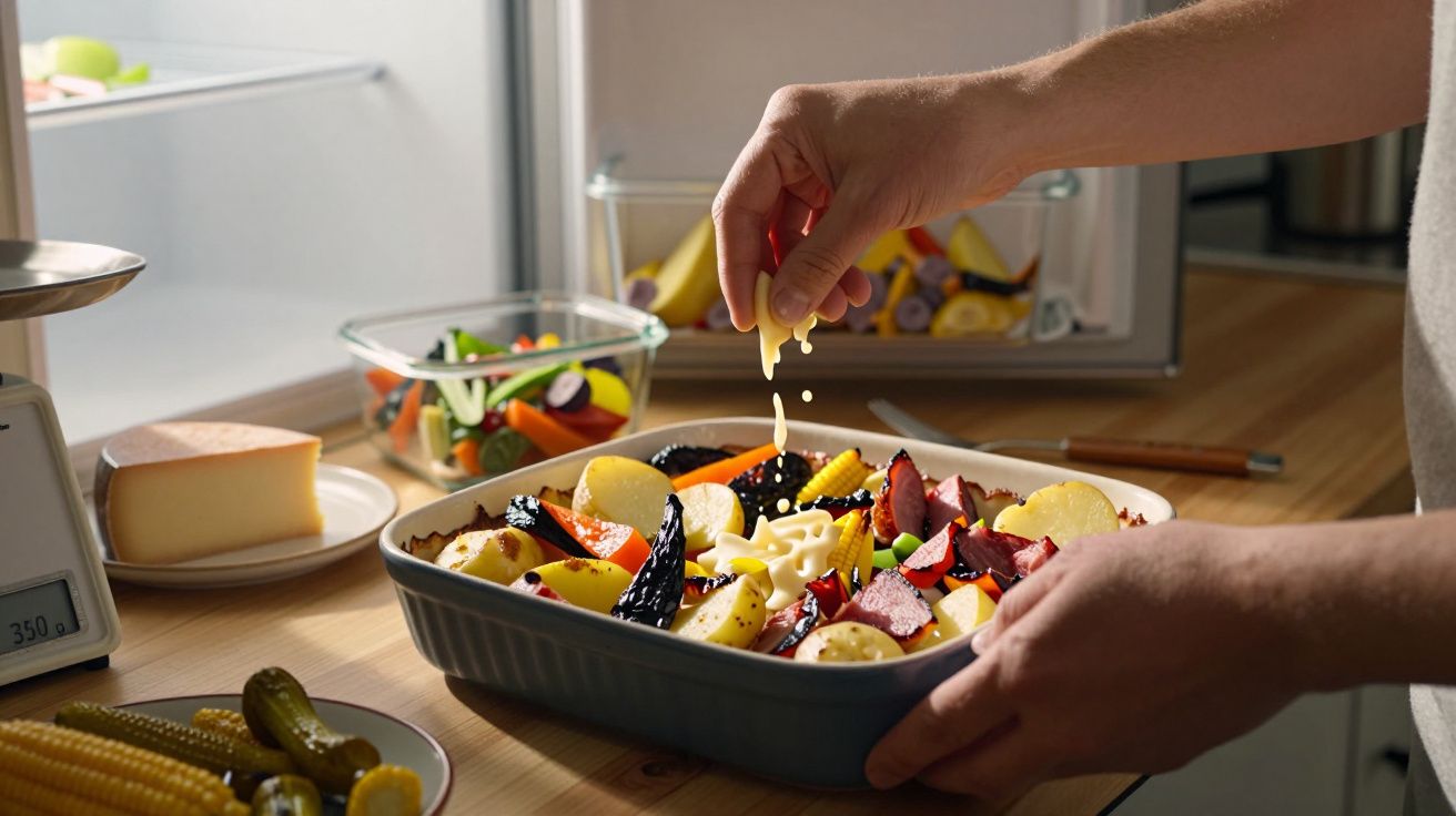 Mãos a colocar molho sobre legumes e batatas num tabuleiro de forno numa cozinha com geladeira aberta ao fundo.