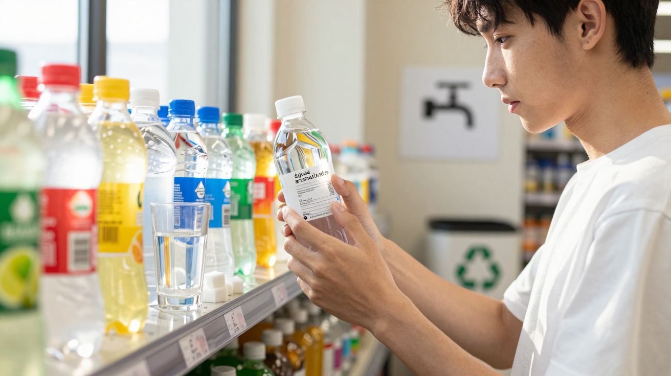 Jovem examina uma garrafa de água aromatizada numa prateleira de loja com várias bebidas coloridas.